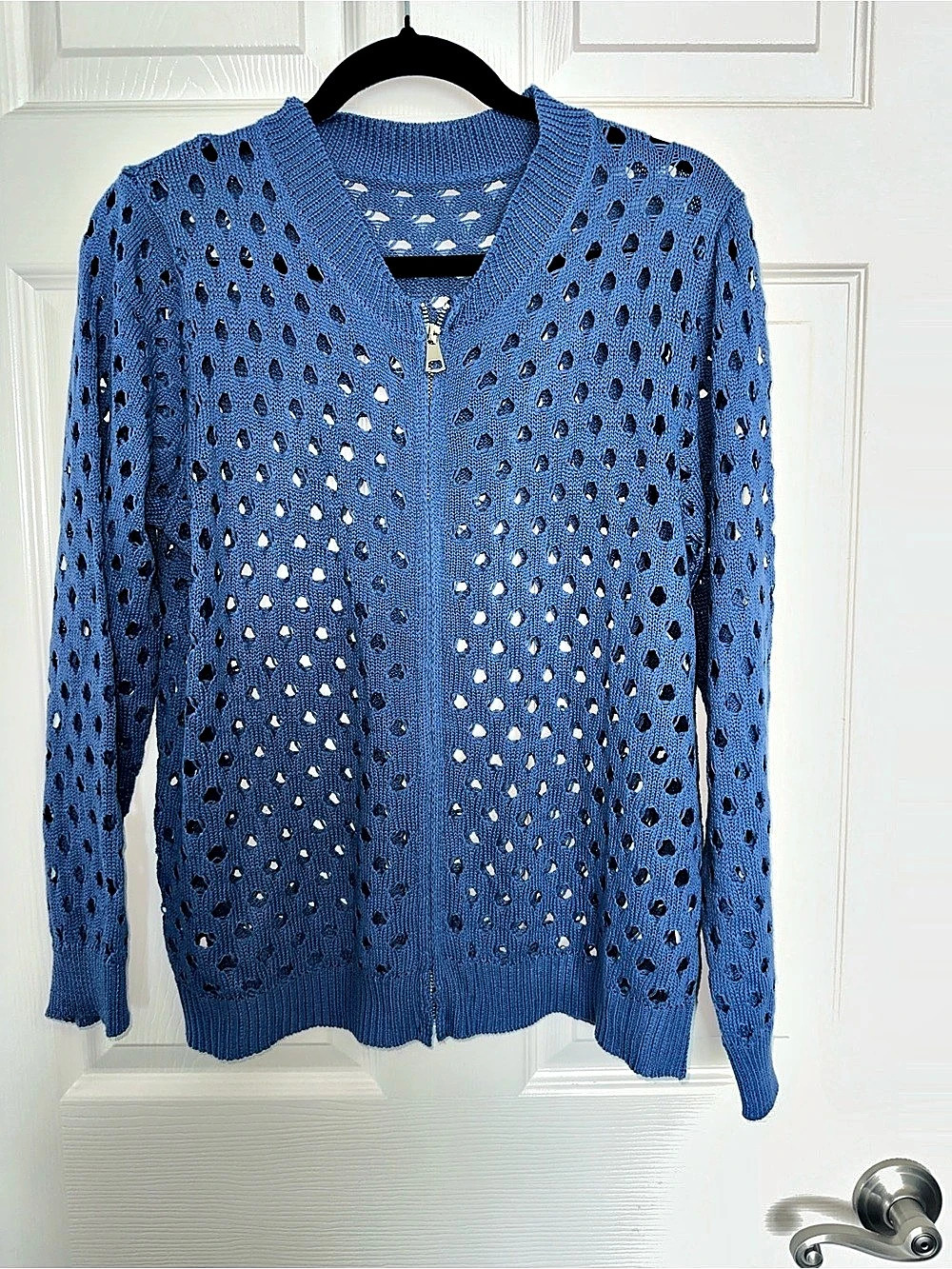 Elan Blue Open Knit Zip Front Cardigan Sweater Long Sleeve Crochet Style